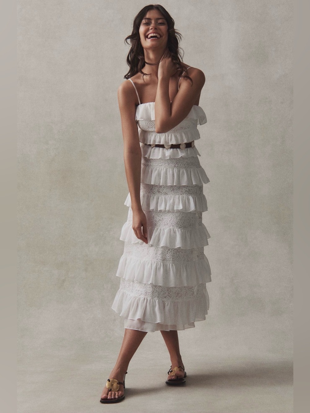 BHLDN Anthropologie Strapless Tiered Ruffle Lace Midi Dress White
